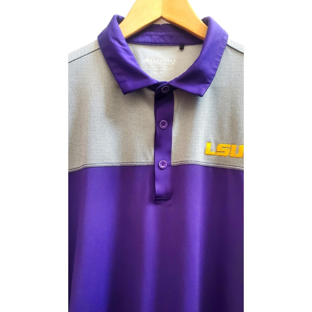 Columbia Golf Polo XL Purple/Grey/Gld Block LSU Louisiana State University Logo